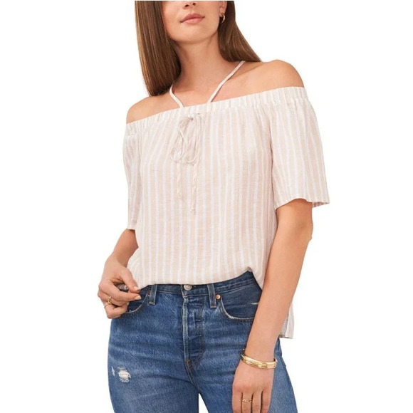 Vince Camuto Womens Linen Blend Blouse Top XXS Multi Striped Off-the-Shoulder - Picture 1 of 8
